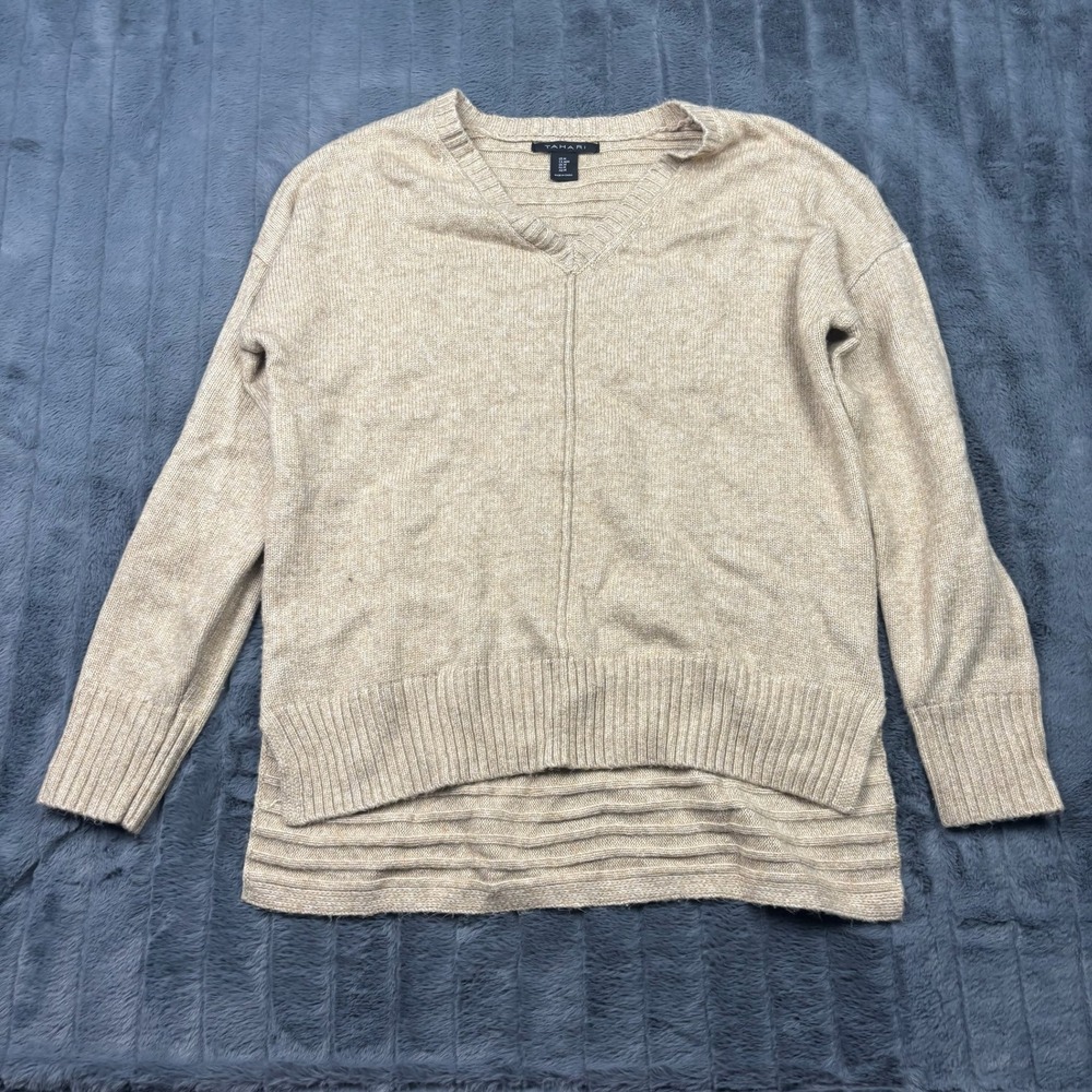 Tahari Womens V-Neck Sweater Oatmeal Beige Cotton Wool Blend High Low Hem M